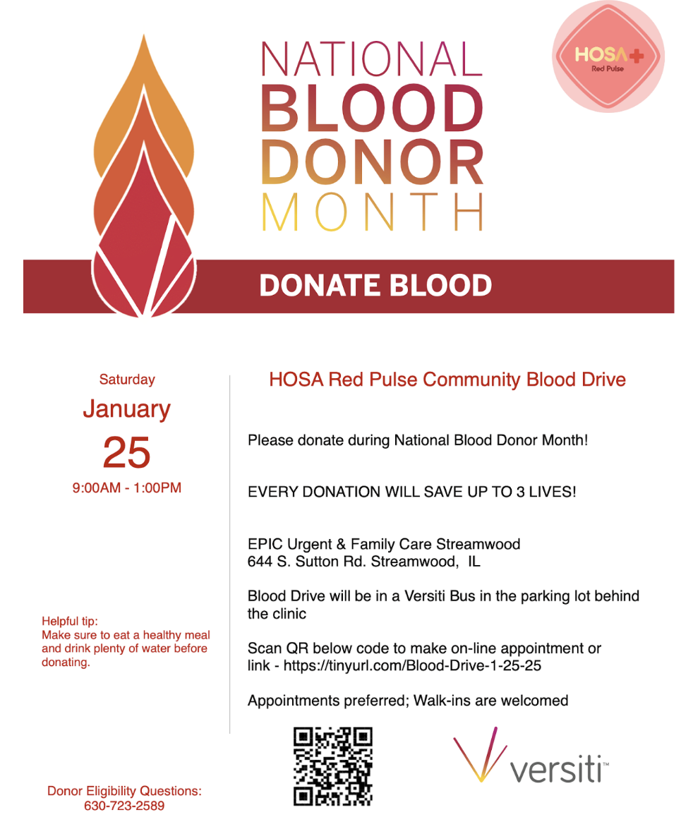  Flyer for upcoming Red Pulse blood drive sponsored by Versiti. Photo courtesy of Rishin Patel, ‘27.
